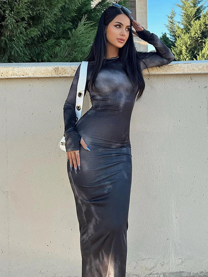 Abito Maxi Aderente in Mesh con Stampa Sfumata