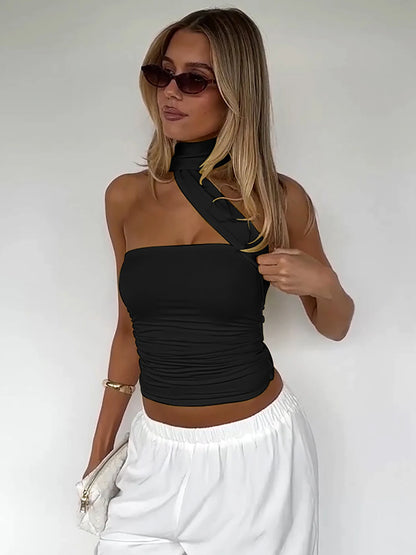 Top Halter Elegante con Sciarpa e Dettaglio Increspato