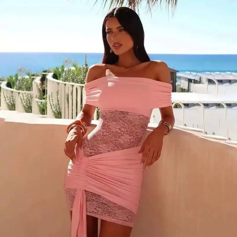 Abito Mini Drappeggiato con Inserto in Pizzo e Scollo a Barca