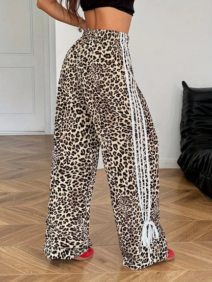 Pantaloni Palazzo Y2K Leopardati con Bande Laterali e Stringhe