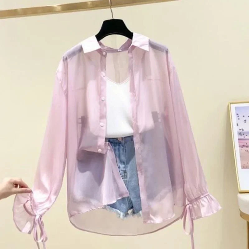 Camicia Oversize in Organza Trasparente con Polsini a Fiocco