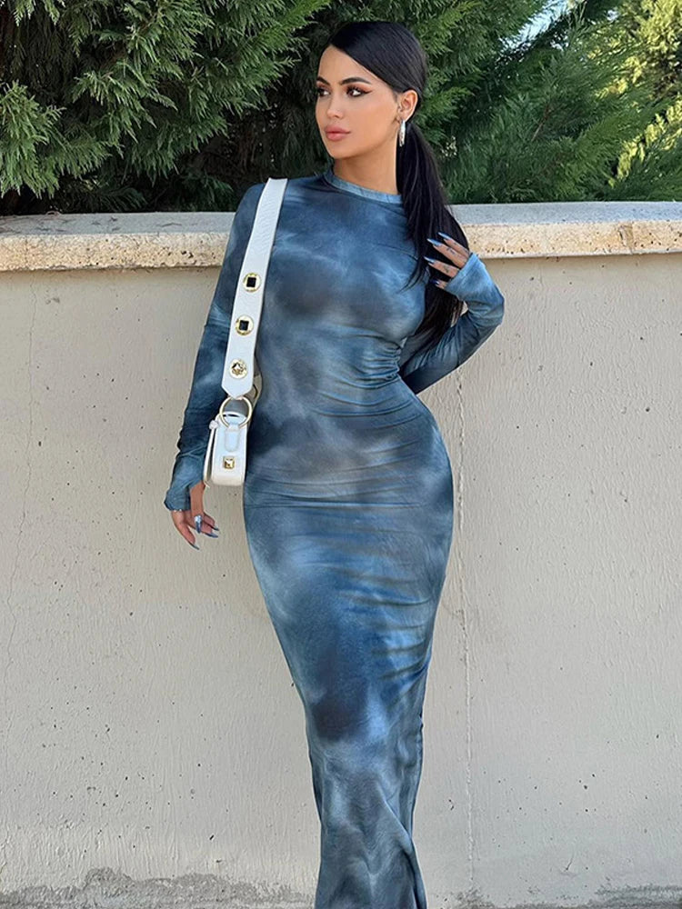 Abito Maxi Aderente in Mesh con Stampa Sfumata