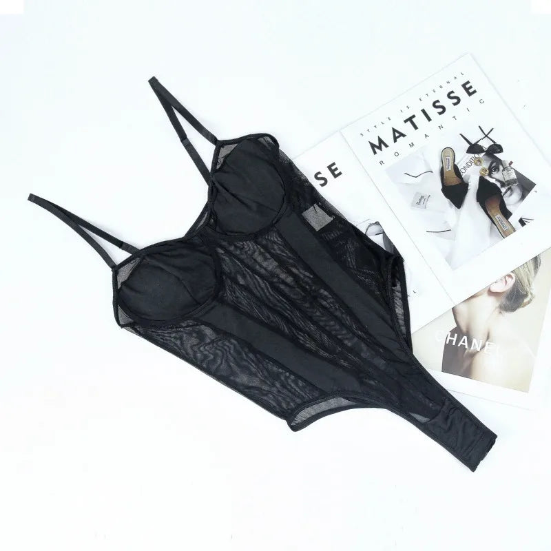 Body Corsetto in Mesh Nero con Coppe Strutturate
