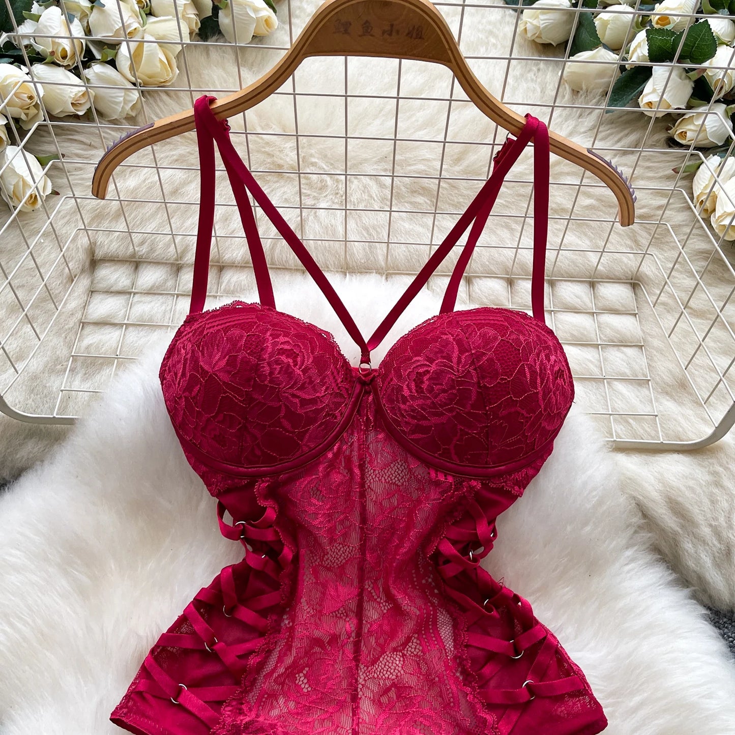 Body Corsetto in Pizzo Floreale con Stringhe Laterali