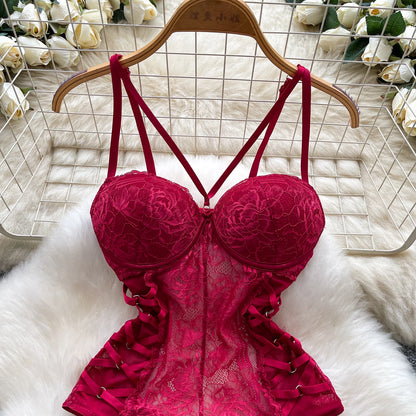 Body Corsetto in Pizzo Floreale con Stringhe Laterali