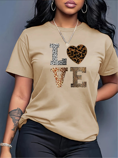 T-shirt Donna "LOVE" con Scritta Animalier e Cuore Leopardato