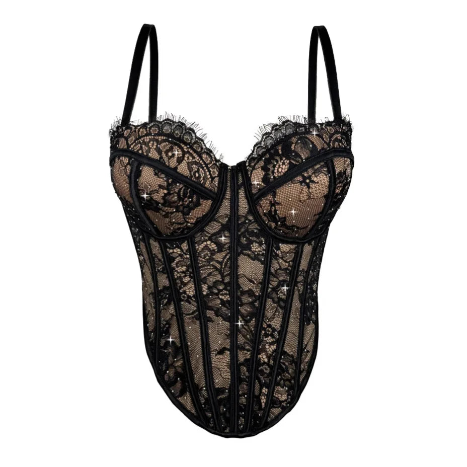 Body Corsetto Nero con Strass e Brillantini