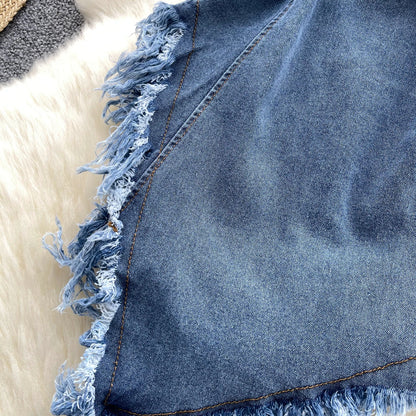 Top in Denim Asimmetrico con Fibbie e Bordi Sfrangiati