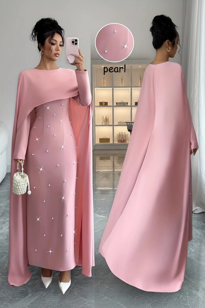 Abito Lungo Elegante con Mantella e Perle - Rosa - Rosboutiquechic
