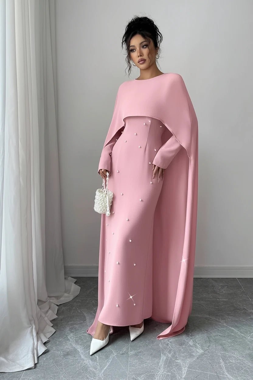 Abito Lungo Elegante con Mantella e Perle - Rosa - Rosboutiquechic