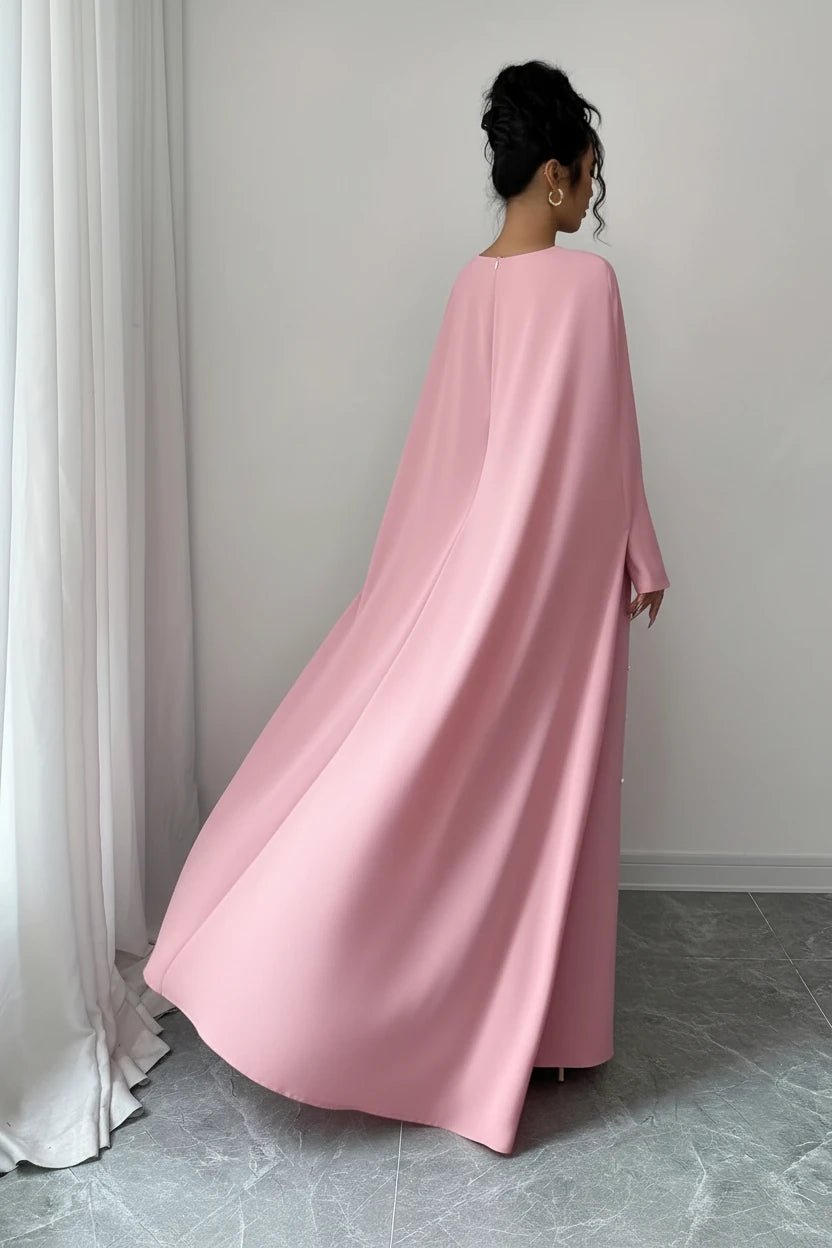 Abito Lungo Elegante con Mantella e Perle - Rosa - Rosboutiquechic