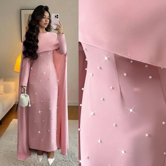 Abito Lungo Elegante con Mantella e Perle - Rosa - Rosboutiquechic