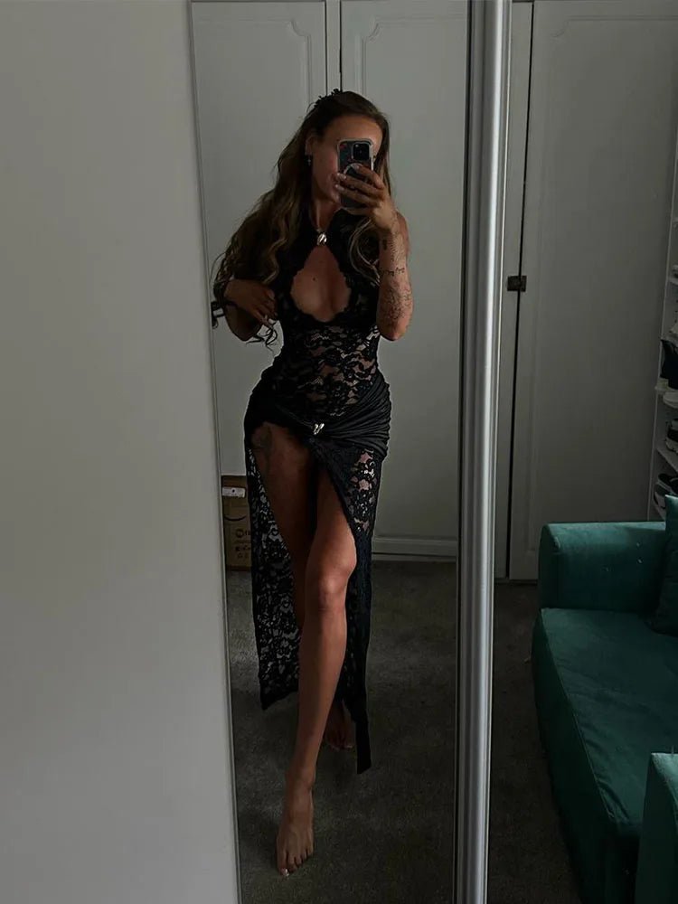 Abito Lungo Nero alla Caviglia in pizzo - Rosboutiquechic