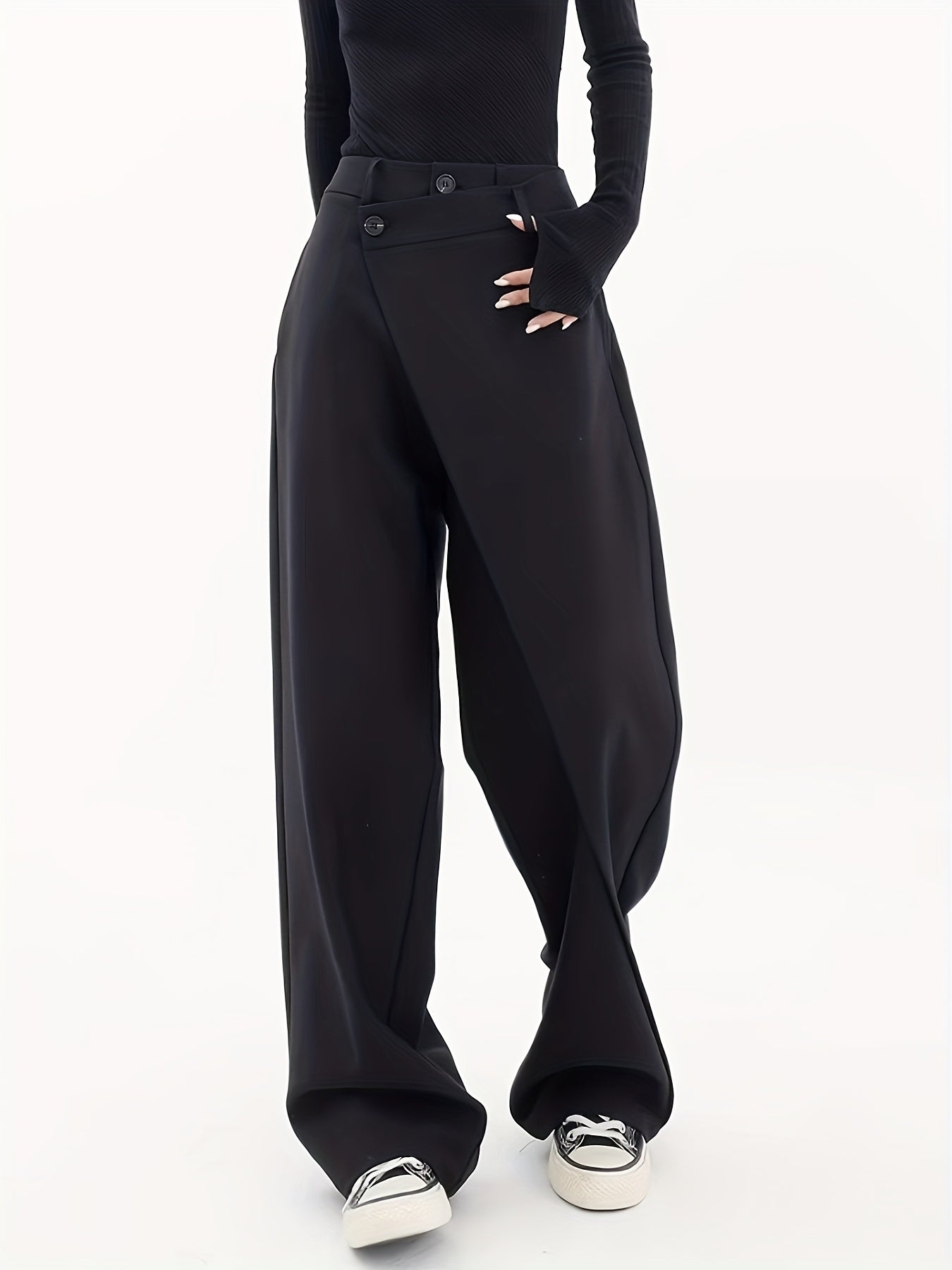 Pantaloni Donna a Gamba Larga con Chiusura Asimmetrica