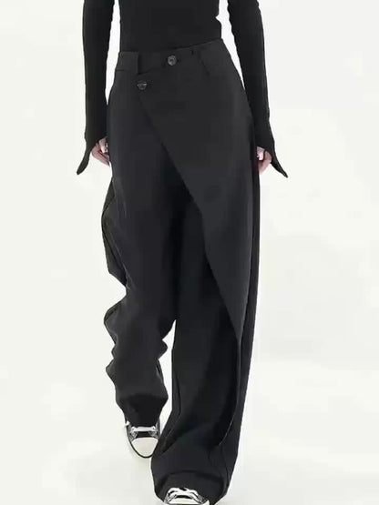 Pantaloni Donna a Gamba Larga con Chiusura Asimmetrica