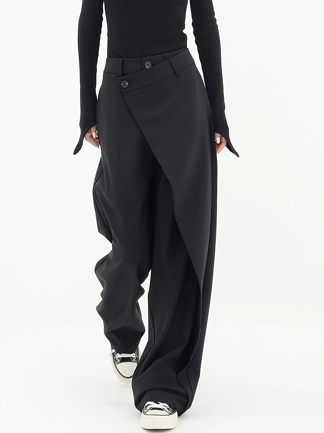 Pantaloni Donna a Gamba Larga con Chiusura Asimmetrica