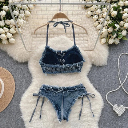 Bikini in Denim Sfrangiato con Intreccio Frontale - Rosboutiquechic
