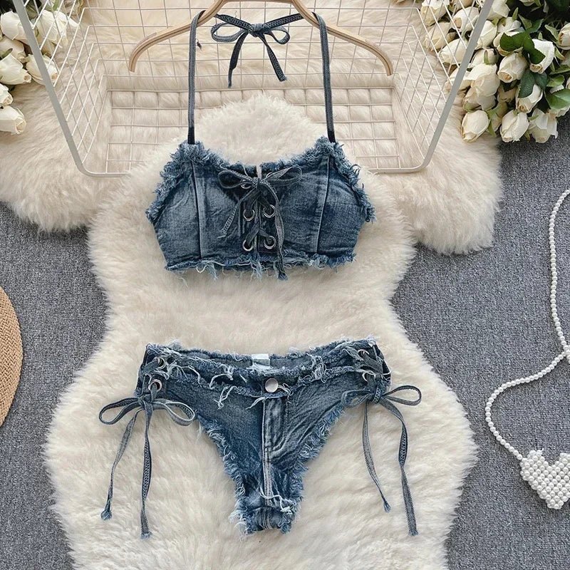 Bikini in Denim Sfrangiato con Intreccio Frontale - Rosboutiquechic