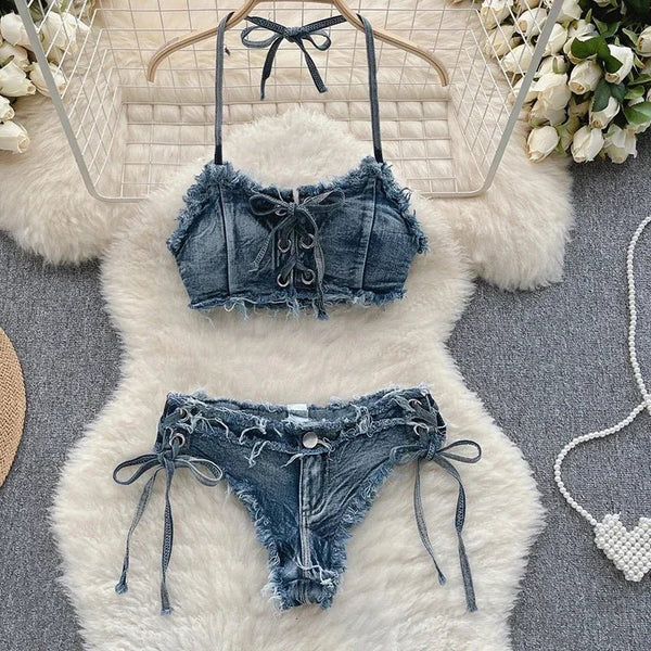 Bikini in Denim Sfrangiato con Intreccio Frontale - Rosboutiquechic