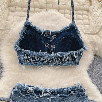 Bikini in Denim Sfrangiato con Intreccio Frontale - Rosboutiquechic