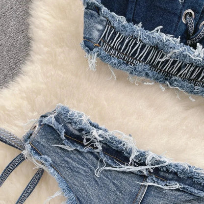 Bikini in Denim Sfrangiato con Intreccio Frontale - Rosboutiquechic