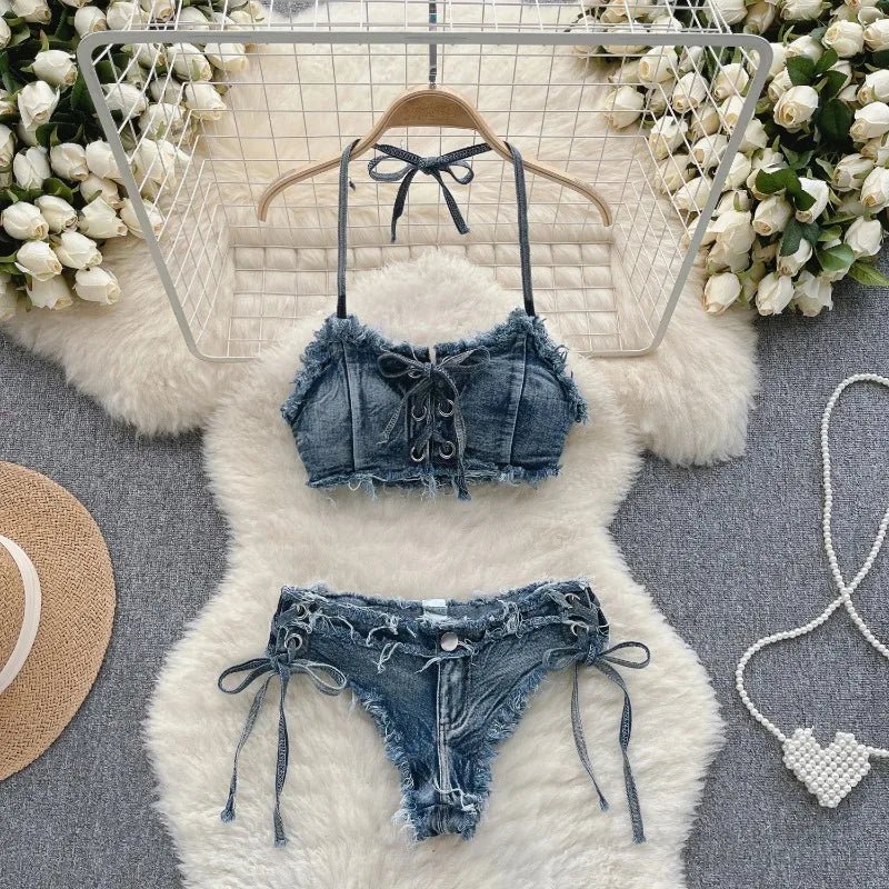 Bikini in Denim Sfrangiato con Intreccio Frontale - Rosboutiquechic