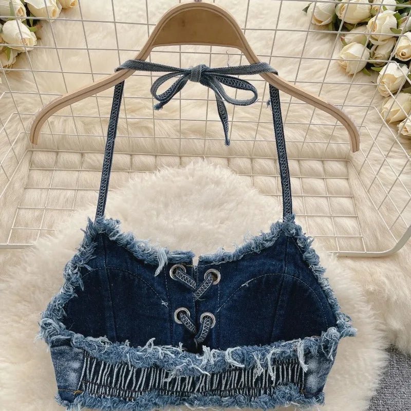 Bikini in Denim Sfrangiato con Intreccio Frontale - Rosboutiquechic