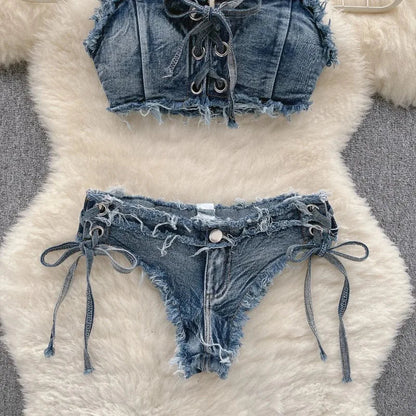 Bikini in Denim Sfrangiato con Intreccio Frontale - Rosboutiquechic