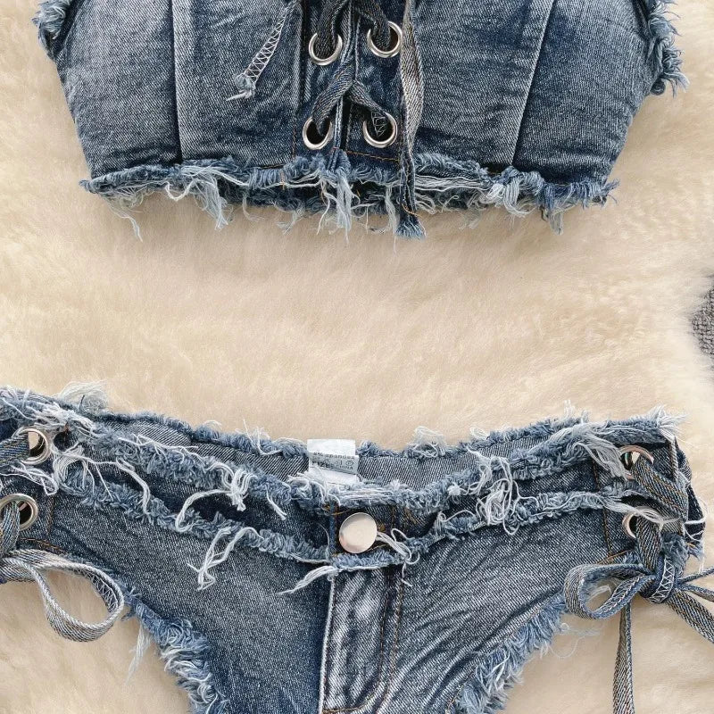 Bikini in Denim Sfrangiato con Intreccio Frontale - Rosboutiquechic