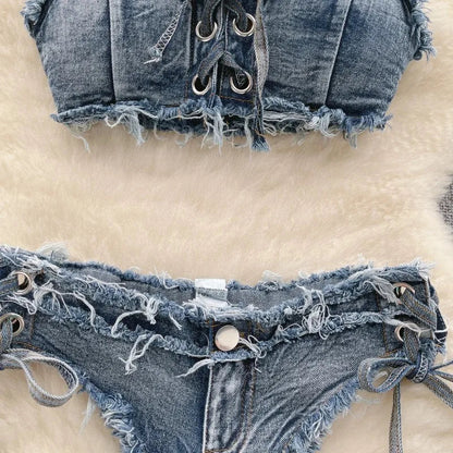 Bikini in Denim Sfrangiato con Intreccio Frontale - Rosboutiquechic