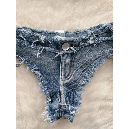 Bikini in Denim Sfrangiato con Intreccio Frontale - Rosboutiquechic