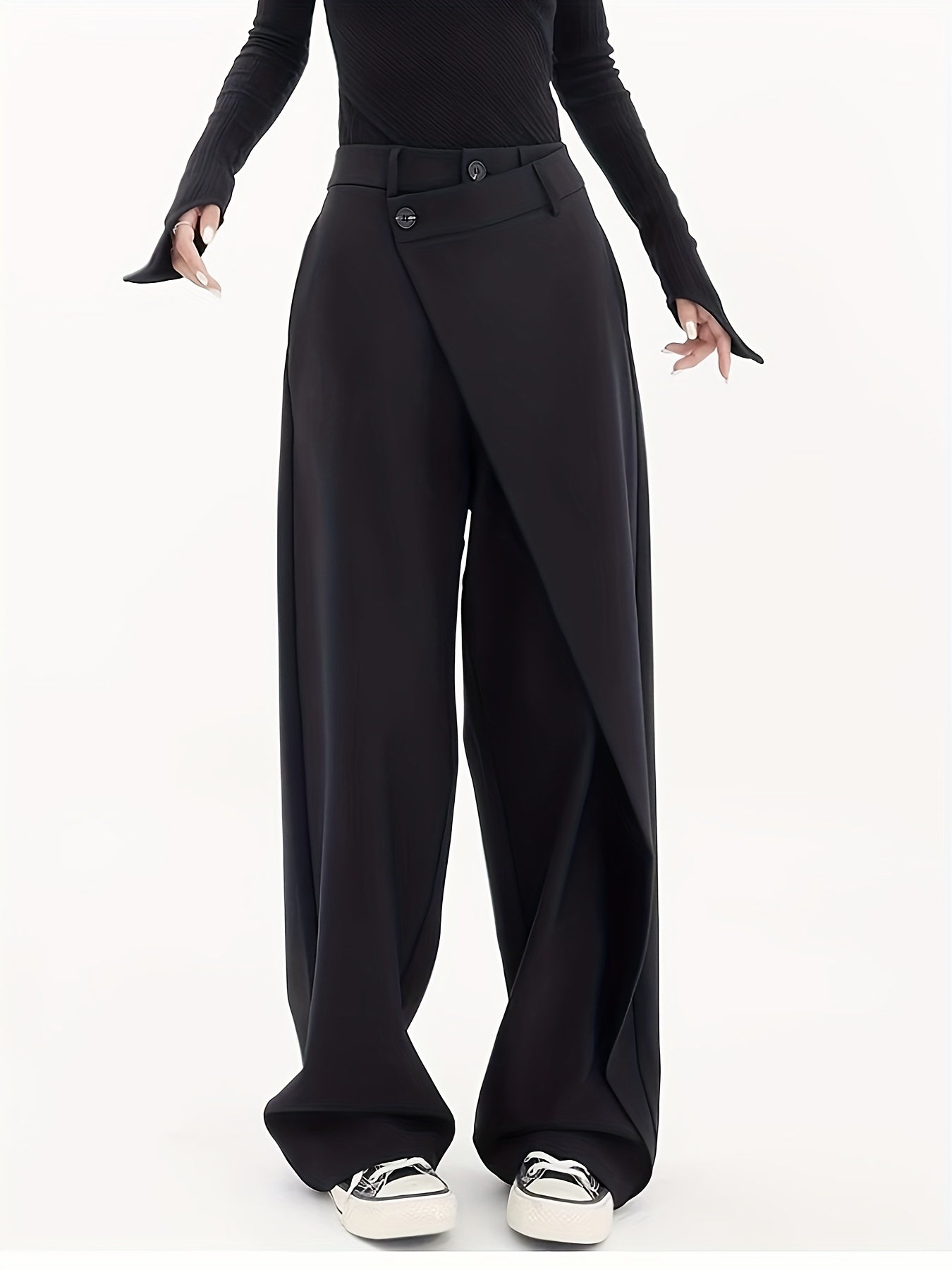 Pantaloni Donna a Gamba Larga con Chiusura Asimmetrica