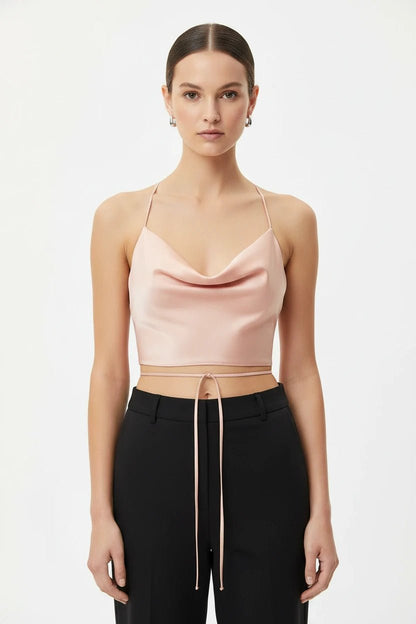 Crop Top in Satin con Spalline a Catenella Oro - Rosboutiquechic