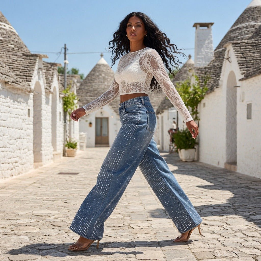 Jeans Donna Wide Leg con Strass e Brillantini - Rosboutiquechic