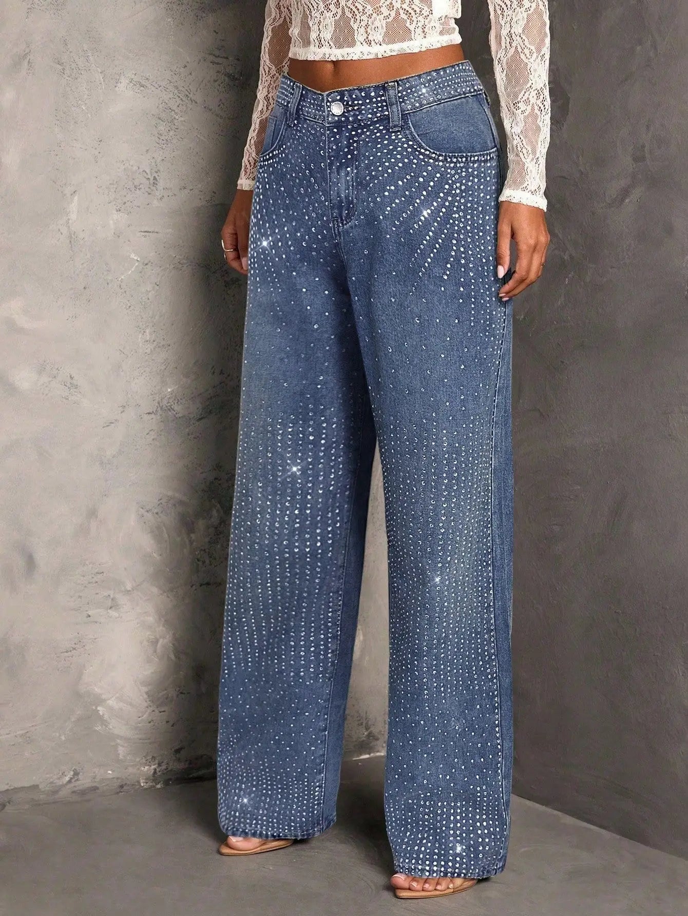 Jeans Donna Wide Leg con Strass e Brillantini - Rosboutiquechic