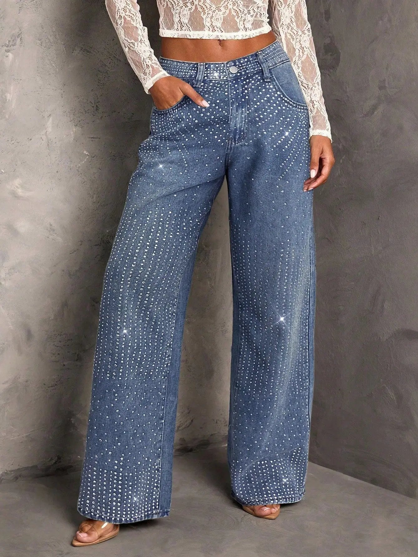 Jeans Donna Wide Leg con Strass e Brillantini - Rosboutiquechic