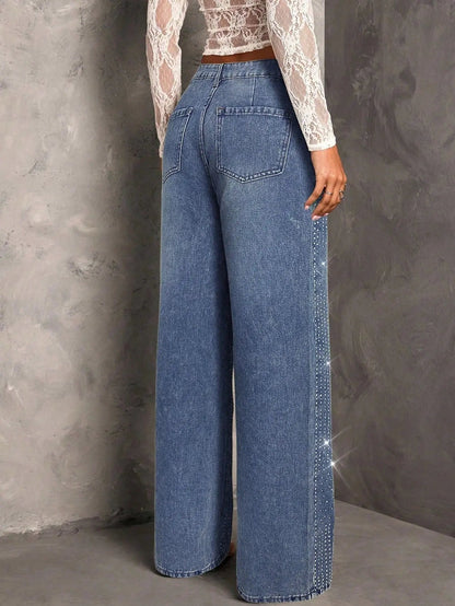 Jeans Donna Wide Leg con Strass e Brillantini - Rosboutiquechic