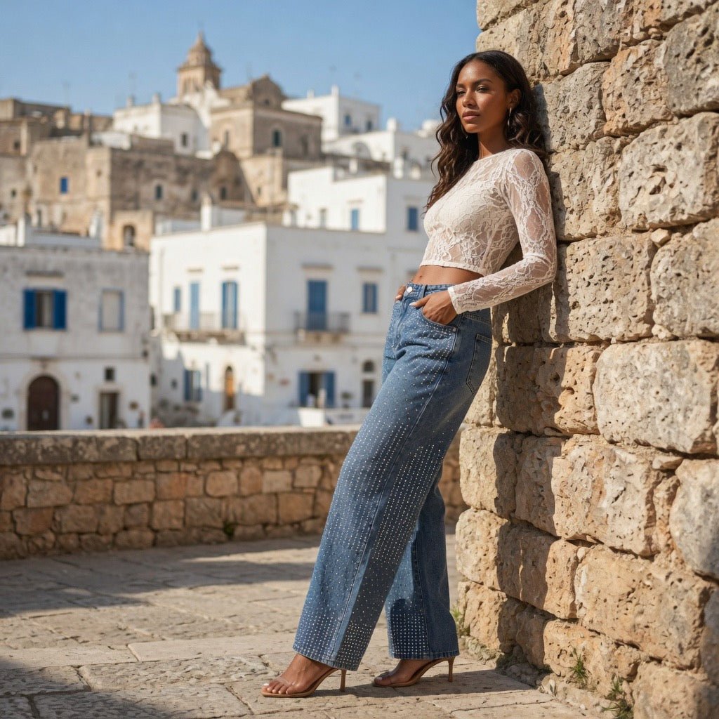 Jeans Donna Wide Leg con Strass e Brillantini - Rosboutiquechic