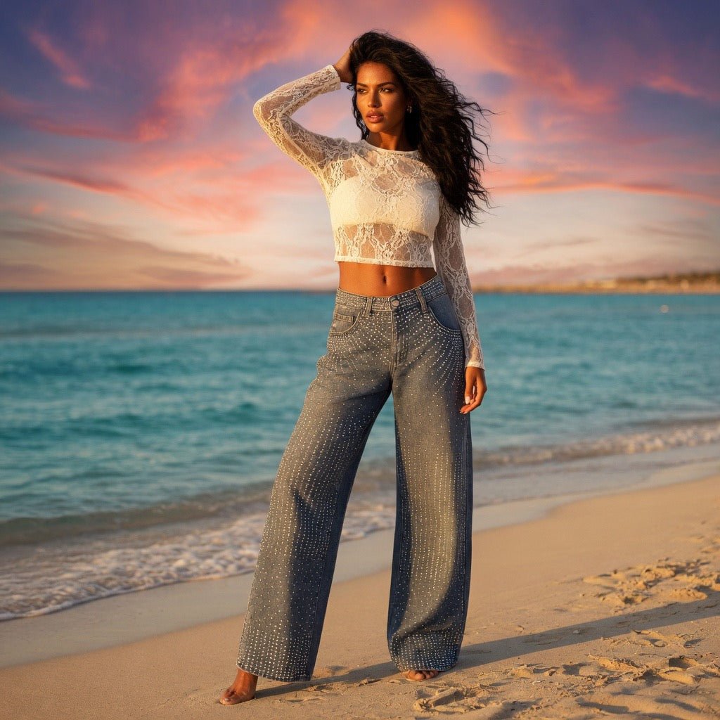 Jeans Donna Wide Leg con Strass e Brillantini - Rosboutiquechic