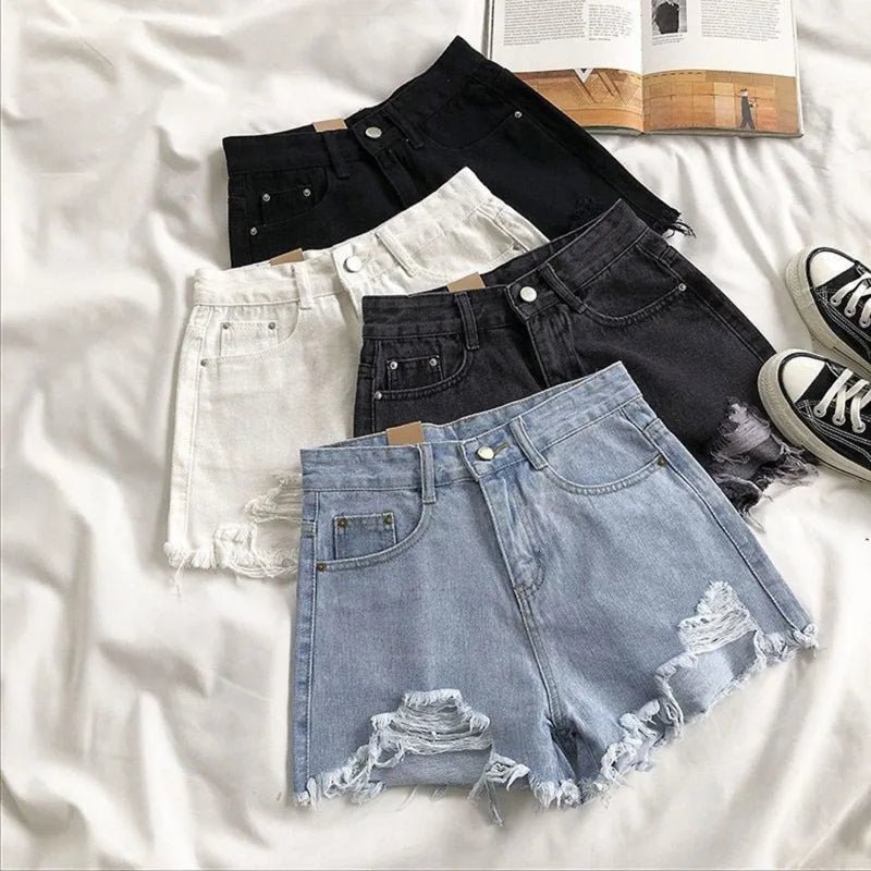 Pantaloncini Jeans Vita Alta Strappati - Shorts Denim Distressed in Vari Colori - Rosboutiquechic
