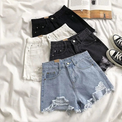 Pantaloncini Jeans Vita Alta Strappati - Shorts Denim Distressed in Vari Colori - Rosboutiquechic