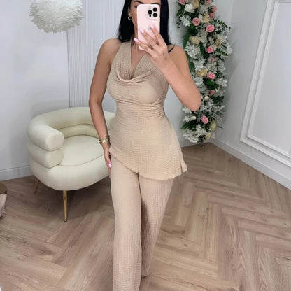 Set Coordinato Champagne: Top Halter Drappeggiato e Pantaloni Wide Leg - Rosboutiquechic