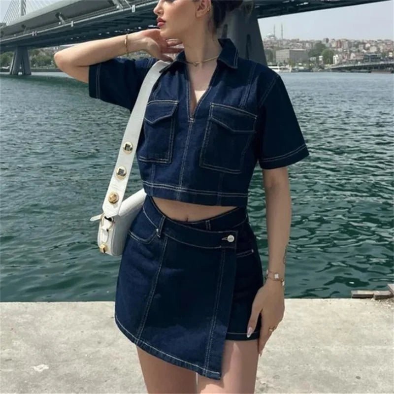 Set Coordinato Denim Donna: Camicia Crop e Minigonna Blu - Rosboutiquechic