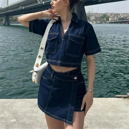 Set Coordinato Denim Donna: Camicia Crop e Minigonna Blu - Rosboutiquechic