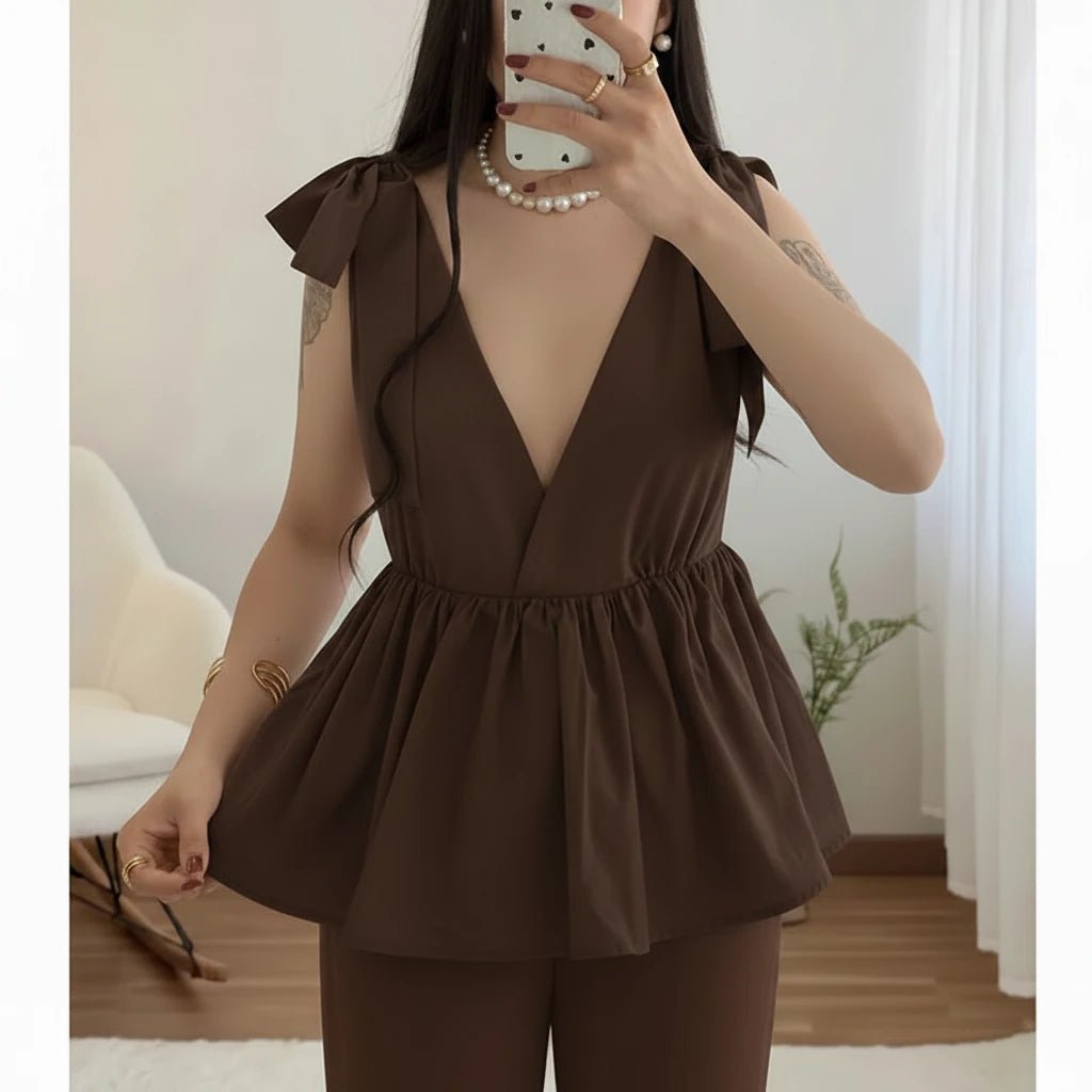 Set Coordinato Estivo in Lino: Top con Spalline a Fiocco e Pantaloncini - Rosboutiquechic