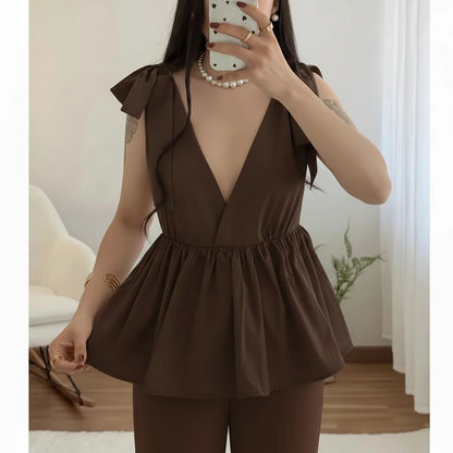 Set Coordinato Estivo in Lino: Top con Spalline a Fiocco e Pantaloncini - Rosboutiquechic