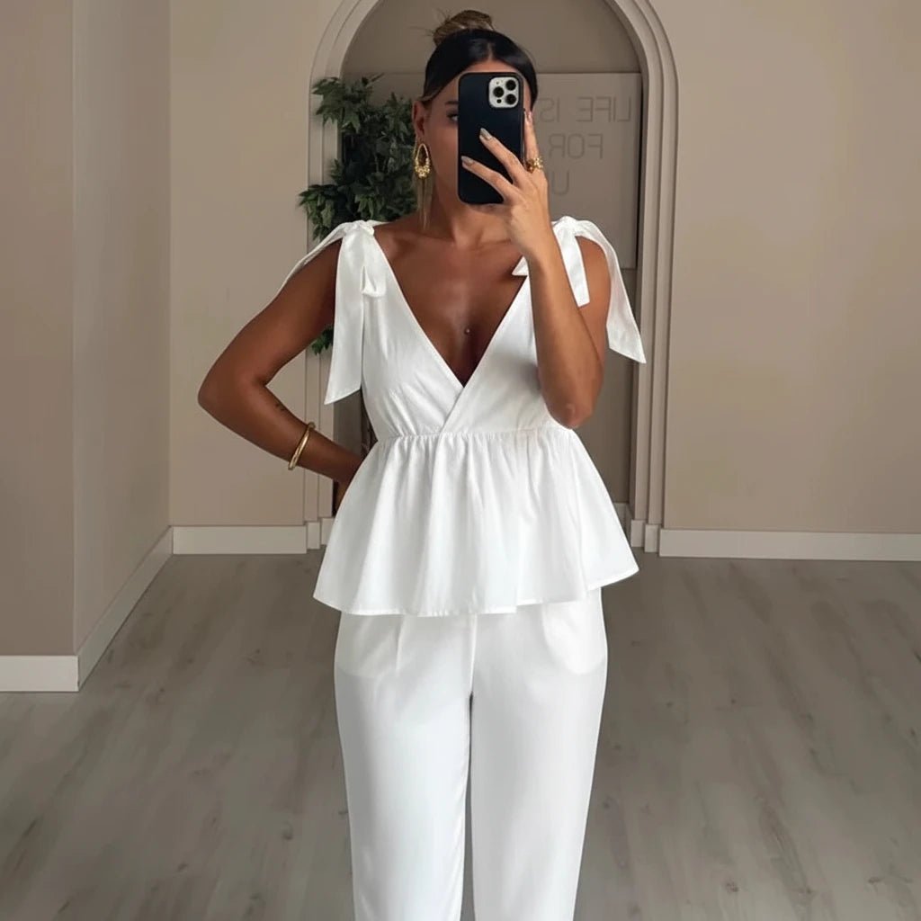 Set Coordinato Estivo in Lino: Top con Spalline a Fiocco e Pantaloncini - Rosboutiquechic