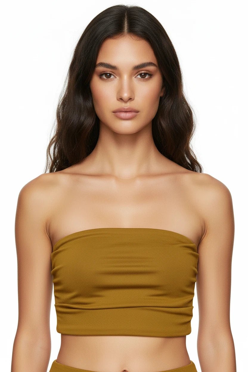 Set Coordinato Giallo Senape: Top a Fascia e Pantaloni a Zampa Flare - Rosboutiquechic