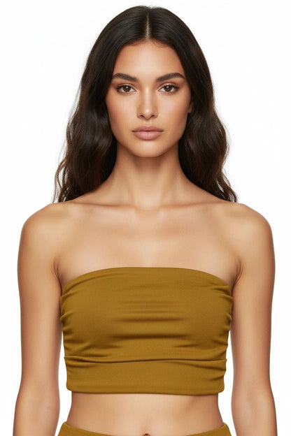 Set Coordinato Giallo Senape: Top a Fascia e Pantaloni a Zampa Flare - Rosboutiquechic