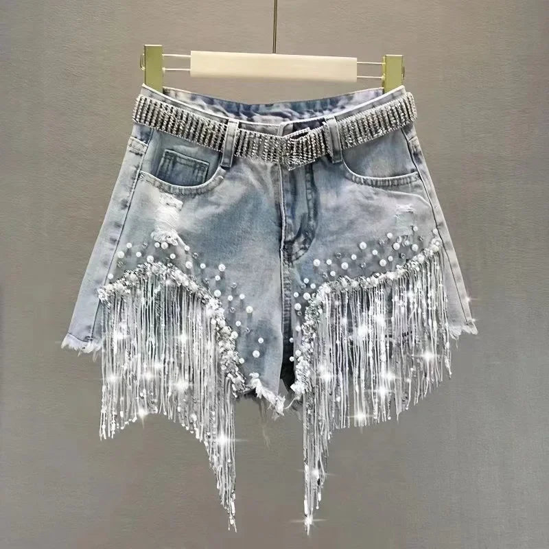 Shorts Jeans a Vita Alta con Frange di Strass e Perle. - Rosboutiquechic